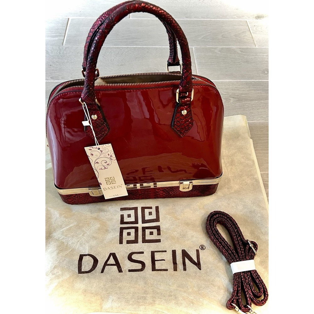 Dasein Red Patent Satchel Top Handle Bag‎ Zip/Latch w/ Detachable Strap Dust Bag